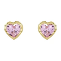 14K Yellow Gold Pink Heart Bezel Children's Earrings