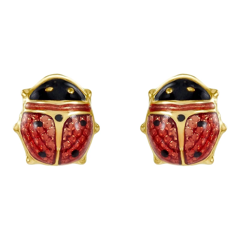 14K Yellow Gold Red Lady Bug Children's Earrings