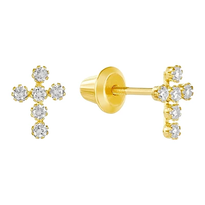 14K Yellow Gold Cubic Zirconia Cross Children's Earrings