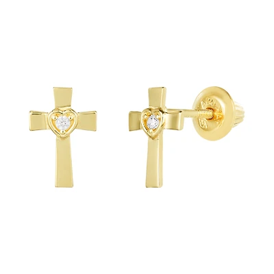 14K Yellow Gold Cross and Heart Children's Earrings