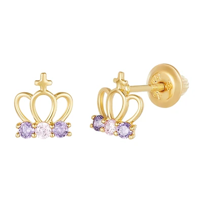 14K Yellow Gold Crown Cubic Zirconia Children's Earrings