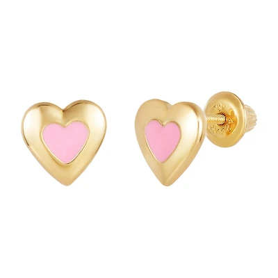 14K Yellow Gold Heart Pink Enamel Children's Earrings