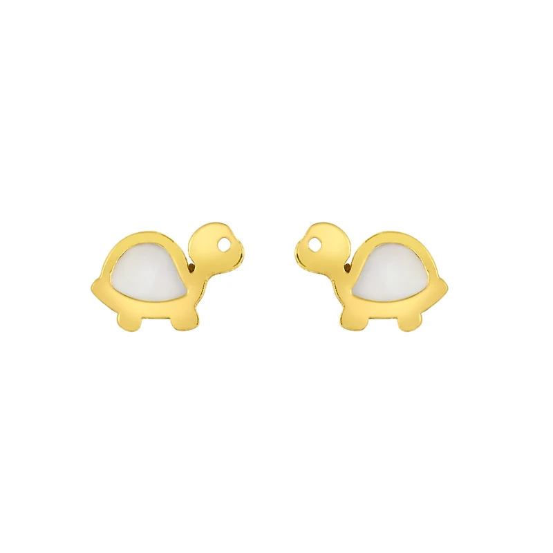 14K Yellow Gold Turtle Mother of Pearl Children's Earrings