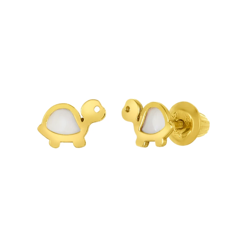 14K Yellow Gold Turtle Mother of Pearl Children's Earrings