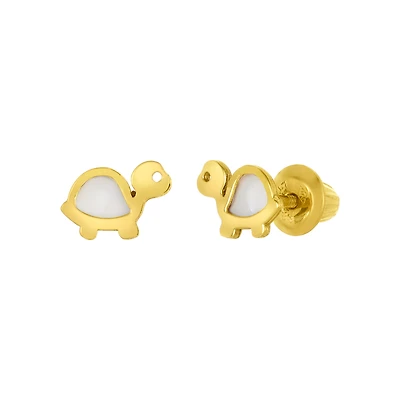 14K Yellow Gold Turtle Mother of Pearl Children's Earrings