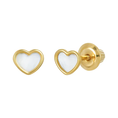 14K Yellow Gold Heart Mother of Pearl Children's Earrings