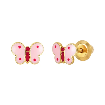 14K Yellow Gold Enamel Pink Fuchsia Butterfly Children's Earrings