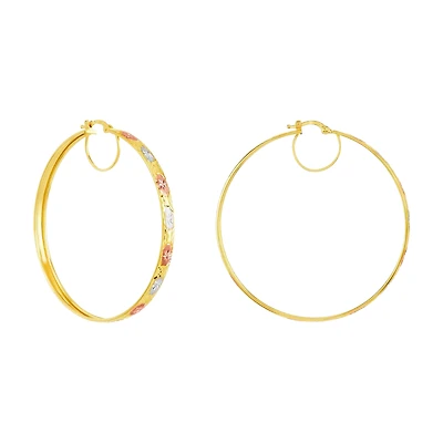 14K Gold Tri-Color 52mm Diamond Cut Star Pattern Hoop Earrings
