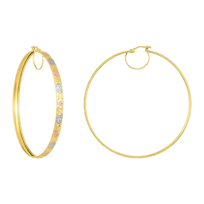 14K Gold Tri-Color 62mm Diamond Cut Star Pattern Hoop Earrings