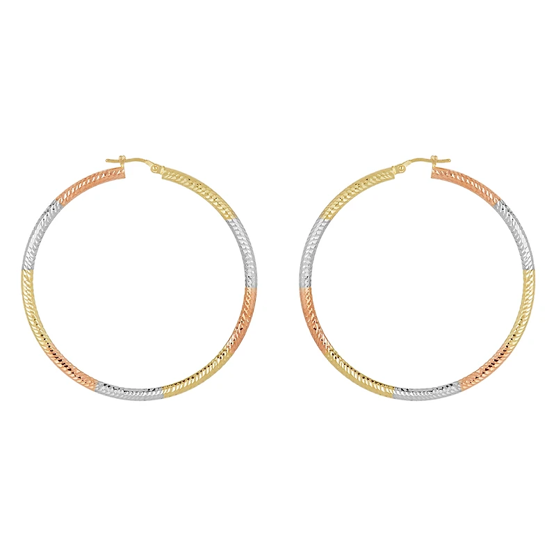 14K Tri Color Gold 55mm Diamond Cut Tube Hoop Earrings