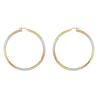 14K Tri Color Gold 55mm Diamond Cut Tube Hoop Earrings