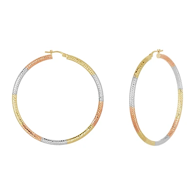 14K Tri Color Gold 55mm Diamond Cut Tube Hoop Earrings