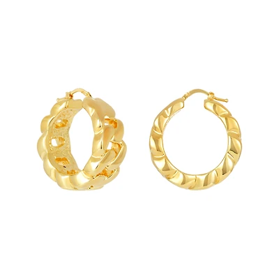 14K Yellow Gold 30mm Wide Cuban Link Design Hoop Earrings