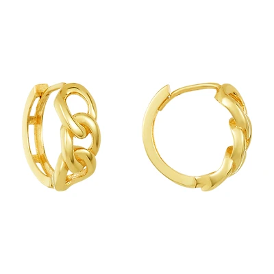 14K Yellow Gold Link Design Huggie Earrings