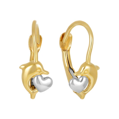 14K Two Tone Dolphin Heart Huggie Hoop Earrings