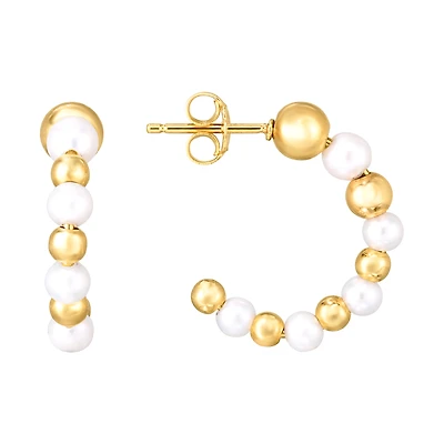 14K Yellow Gold Bead Pearl Open Hoop Earrings