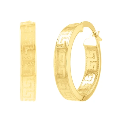 14K Yellow Gold 4x18mm Greek Key Design Tube Hoops
