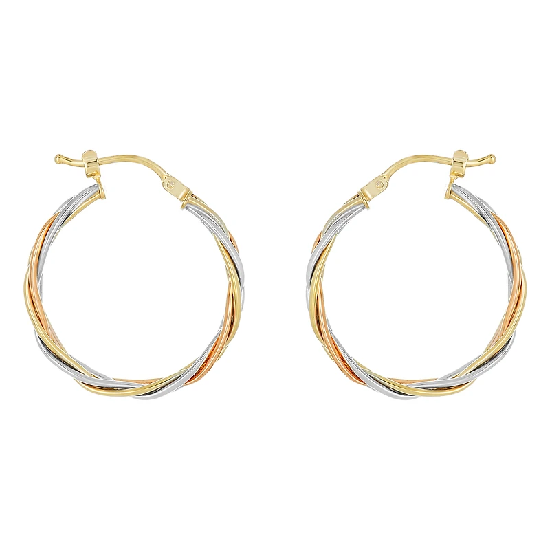 14K Gold Tri Colored Braided Design Hoop Earrings