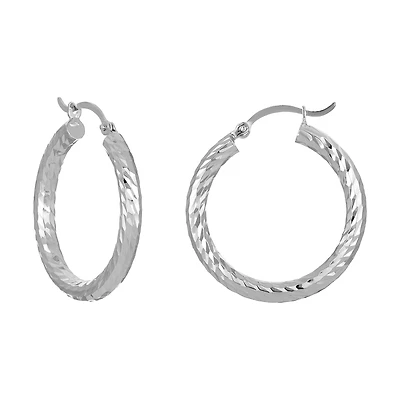 14K White Gold 25mm Diamond Cut Polished Hoop Earrings