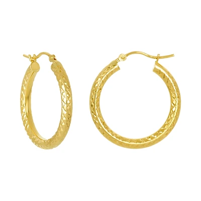 14K Yellow Gold 24mm Diamond Cut Tube Hoop Earrings