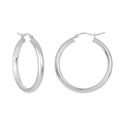 14K White Gold High Polished Tube Hoop Earrings