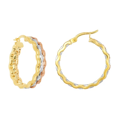 14K Tri Color Gold Triple Wave Hoop Earrings
