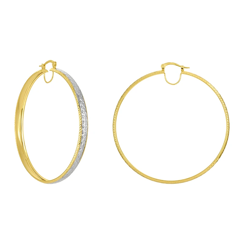 14K Two Tone Diamond Cut Star Hoop Earrings