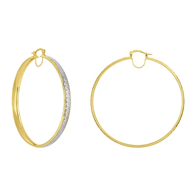 14K Two Tone Diamond Cut Star Hoop Earrings