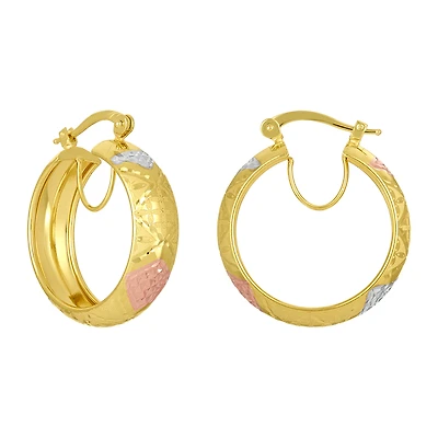 14K Tri Color Gold 24mm Laser Design Diamond Cut Hoop Earrings