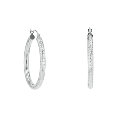14K White Gold 30mm Diamond Cut Tube Hoops