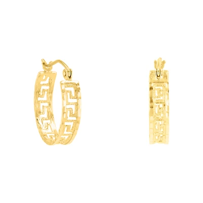 14K Yellow Gold Greek Key Cut Out Hoops
