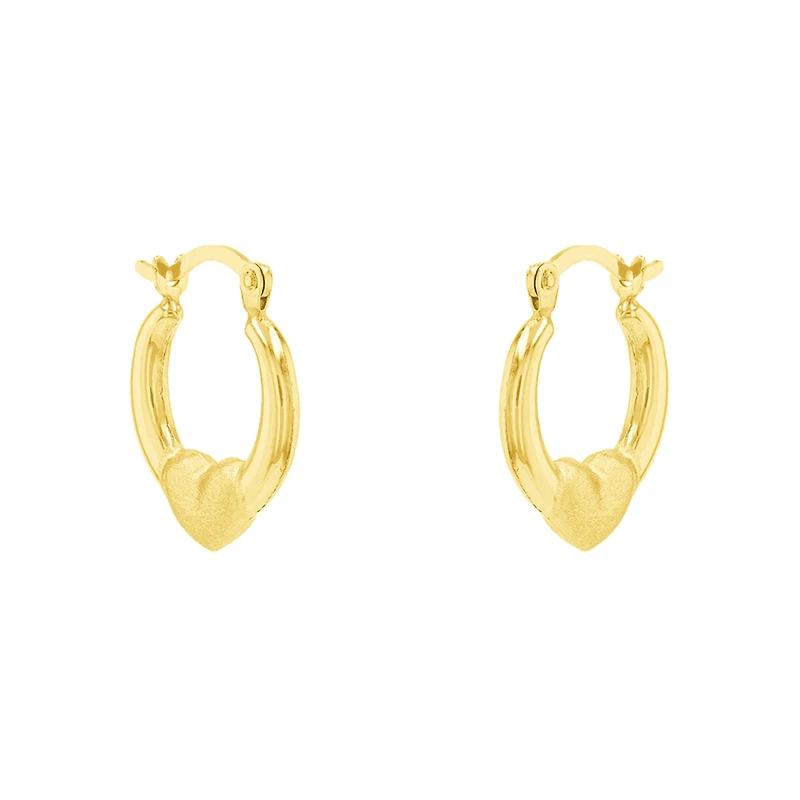 14K Yellow Gold Heart Satin Hoop Earrings