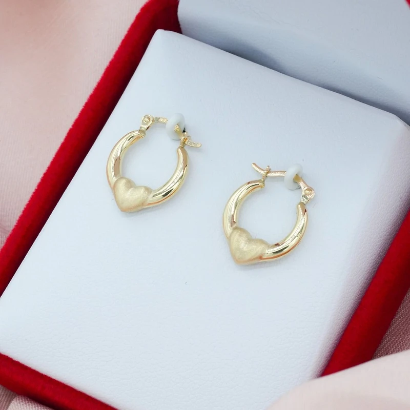 14K Yellow Gold Heart Satin Hoop Earrings