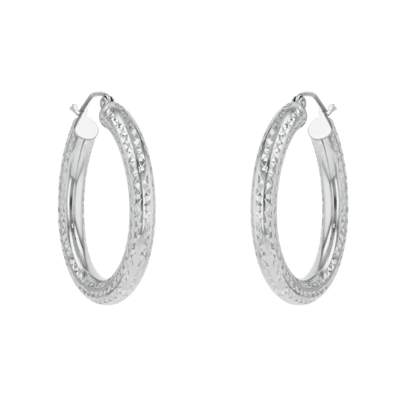 14K White Gold 30mm Tube Diamond Cut Hoops