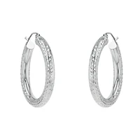 14K White Gold 30mm Tube Diamond Cut Hoops