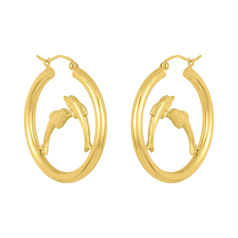 14K Yellow Gold Dolphin Tube Hoop Earrings