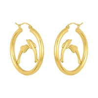 14K Yellow Gold Dolphin Tube Hoop Earrings