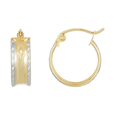 14K Two Tone Gold Diamond Cut Flat Hoop Earrings
