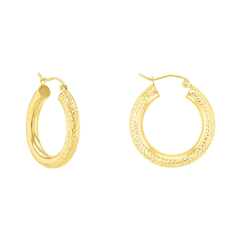 14K Yellow Gold Diamond Cut Tube Hoop Earrings