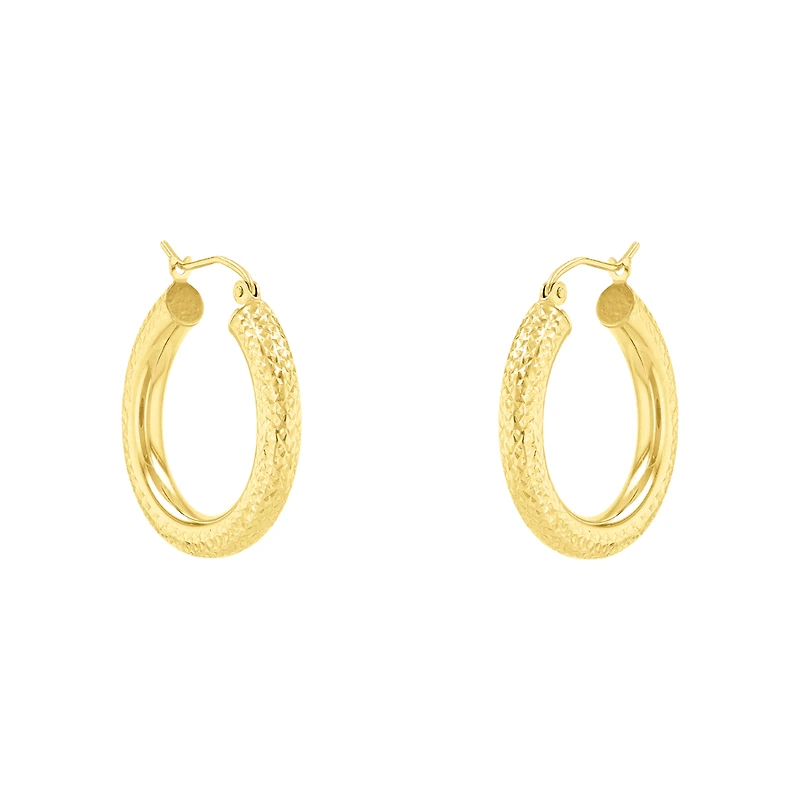 14K Yellow Gold Diamond Cut Tube Hoop Earrings