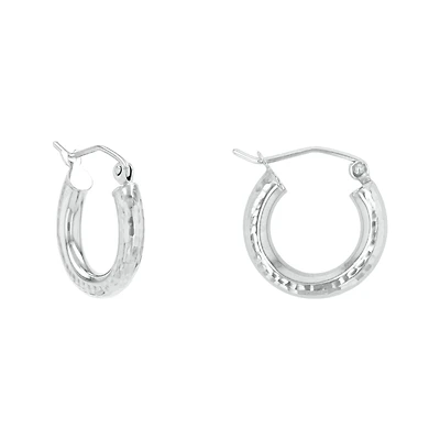 14K White Gold Diamond Cut Polished Tube Hoop Earrings