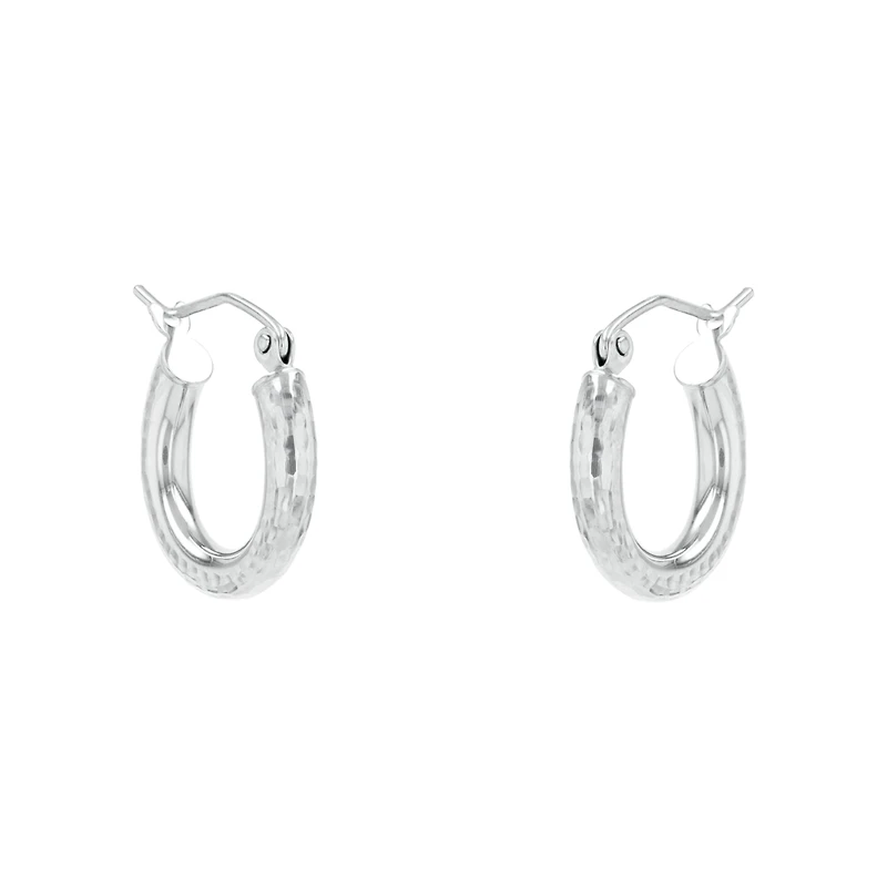 14K White Gold Diamond Cut Polished Tube Hoop Earrings
