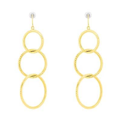 14K Yellow Gold Triple Ring Diamond Cut Dangle Earrings