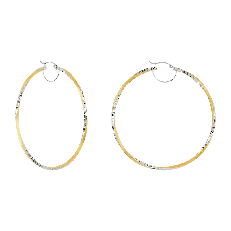14K Two Tone Gold 65mm Twisted Satin and Diamond Cut Hoops