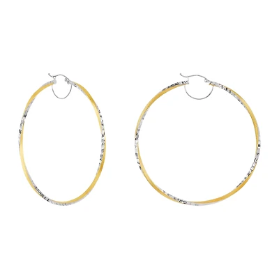 14K Two Tone Gold 65mm Twisted Satin and Diamond Cut Hoops