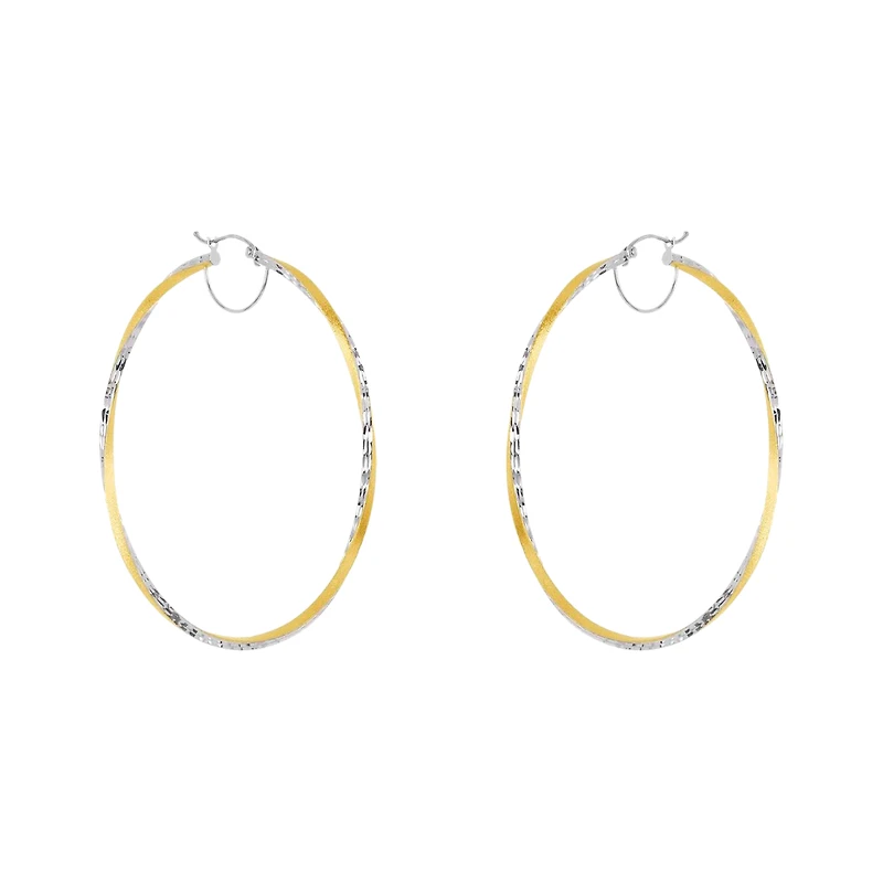 14K Two Tone Gold 65mm Twisted Satin and Diamond Cut Hoops