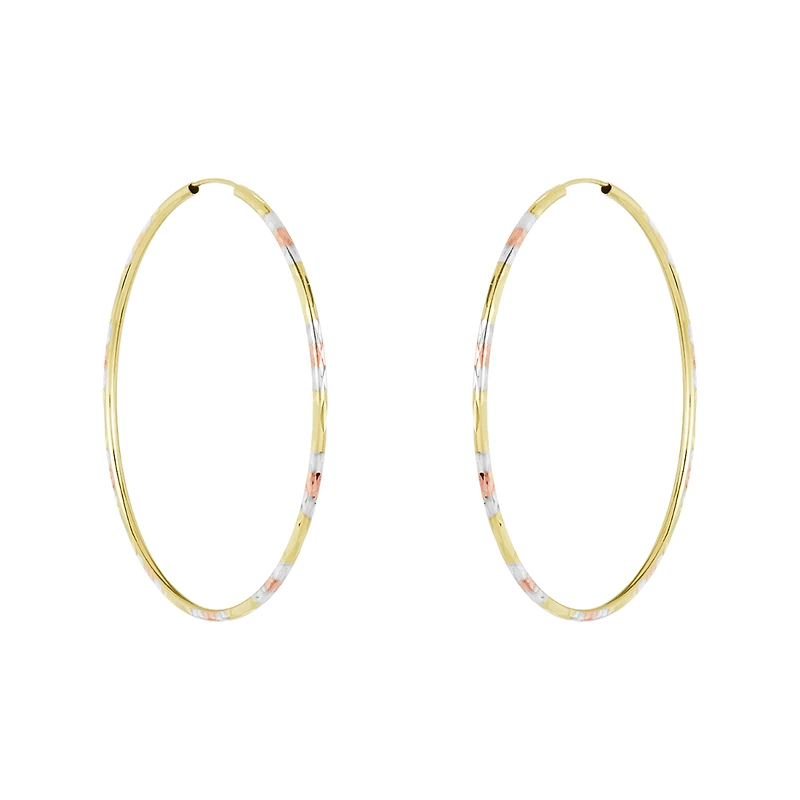 14K Tri Color Gold 55mm Diamond Cut Pattern Endless Hoops