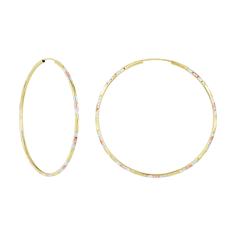 14K Tri Color Gold 55mm Diamond Cut Pattern Endless Hoops