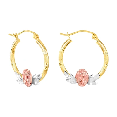 14K Tri Color Gold 20mm Guadalupe and Leaf Design Hoops