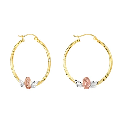 14K Tri Color Gold 30mm Guadalupe and Leaf Design Hoops